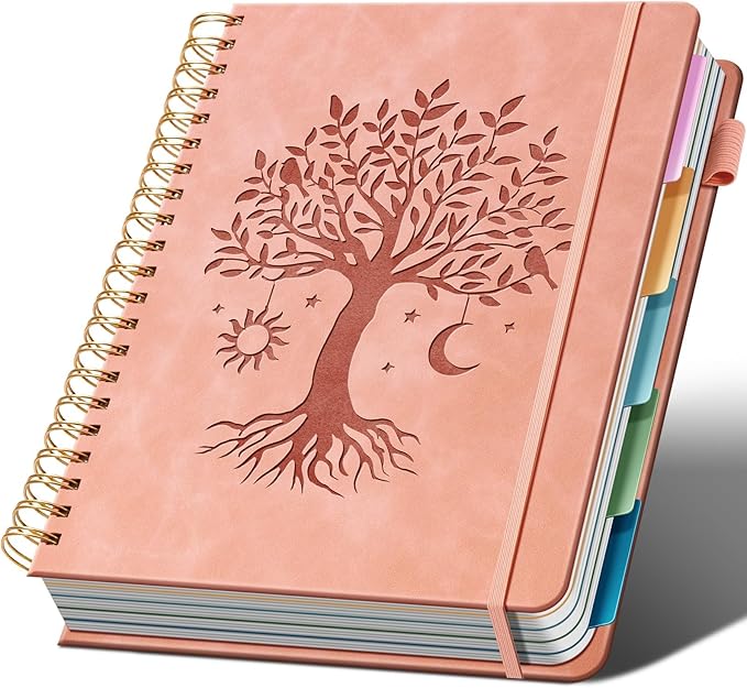 Ovesmusl Hardcover Spiral Notebook 8.5" x 11" with 5 Removable Dividers 300 Pages Leather 5 Subject Notebook College Ruled 100GSM Large Spiral Notebooks for Work Thick Lined Journal for Women, Pink