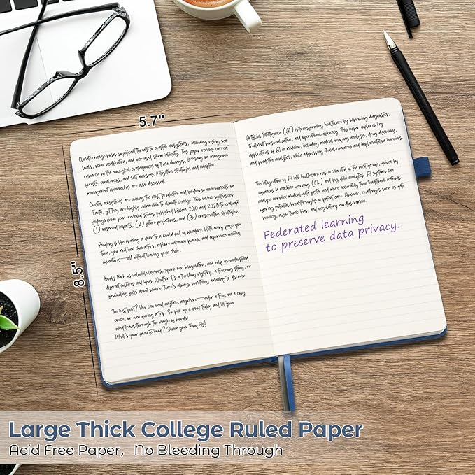 College Ruled Notebook, A5 Hardcover Leather Notebook for Work, Lined Notebook Journal for Women, Men, 100GSM Thick Paper, Large Notebook with Pockets, Professional Business Notebook, 5.7"x8.5", Blue