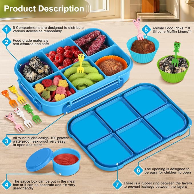 Amathley Lunch Box Kids Girls Boys,Bento Box Adult,Toddler Lunch Containers for School,Leakproof Snack Containers with 6 Compartments,Sauce Container,10 Food Picks and 4 Muffin Cups (Blue)