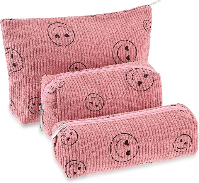 Huhumy 3 Pcs Makeup Bag Set for Women Corduroy Cosmetic Pouch Aesthetic Smile Travel Toiletry Bag Cute Purse Pouch Pencil Case Makeup Brushes Storage Organizer with Zipper(Pink,Smile Face)