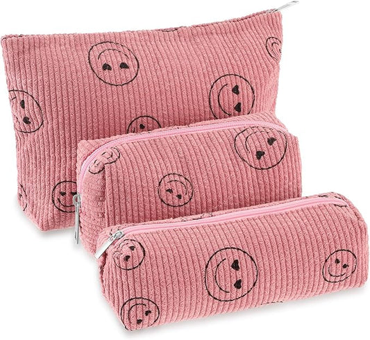 Huhumy 3 Pcs Makeup Bag Set for Women Corduroy Cosmetic Pouch Aesthetic Smile Travel Toiletry Bag Cute Purse Pouch Pencil Case Makeup Brushes Storage Organizer with Zipper(Pink,Smile Face)