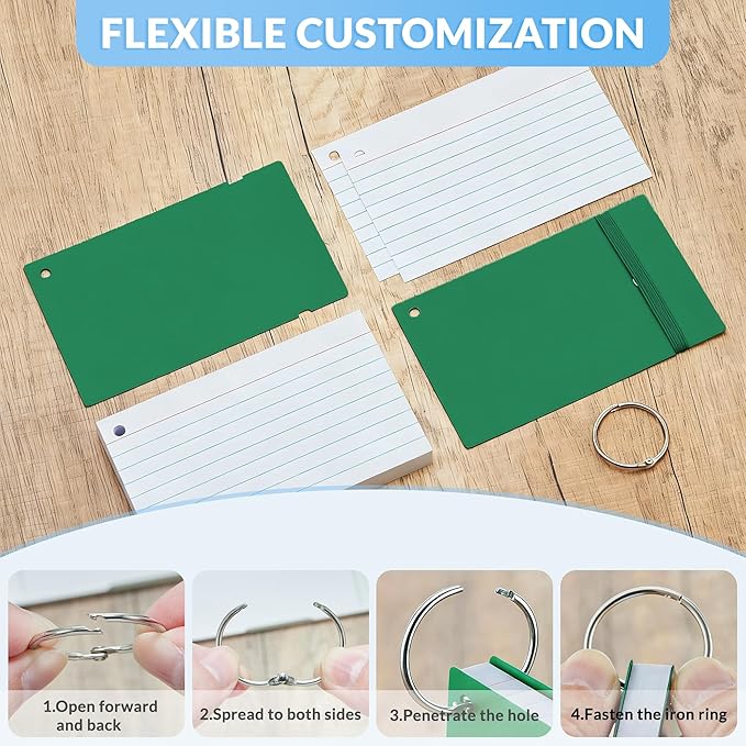 NEEWAY Ruled Index Cards with Ring 3x5 Inches, 200 Count Note Cards Lined, Flash Cards with Rings for Studying, Home and Office (Green)