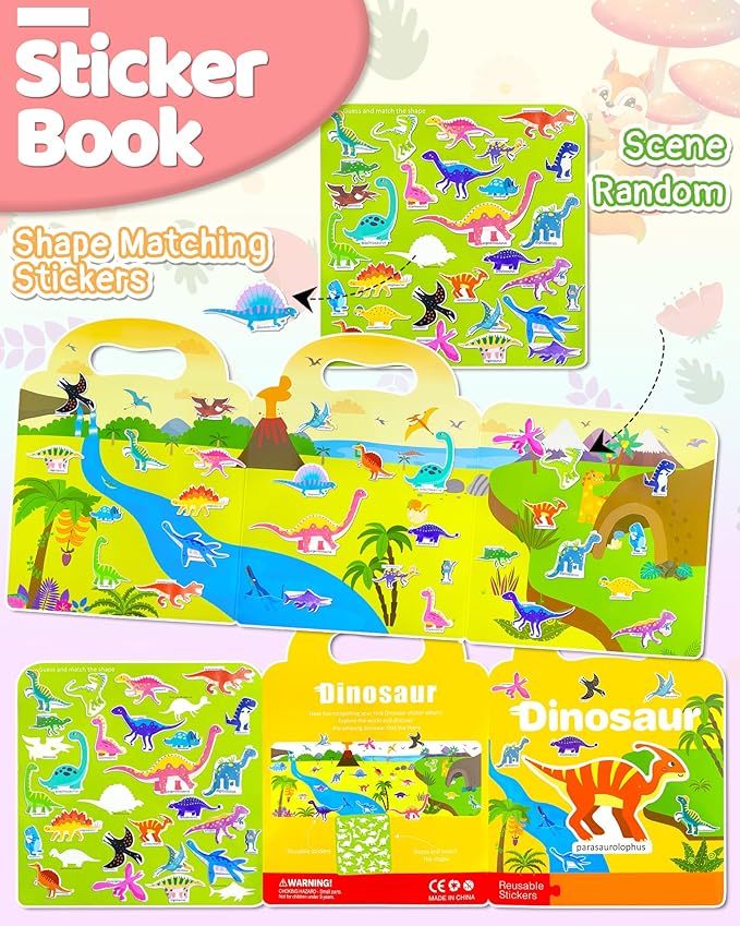 Benresive Reusable Sticker Book for Toddlers, Stickers for Kids, Travel Toys for Arts & Crafts Activities, Birthday Gift for Boys & Girls, Dinosaur Themes