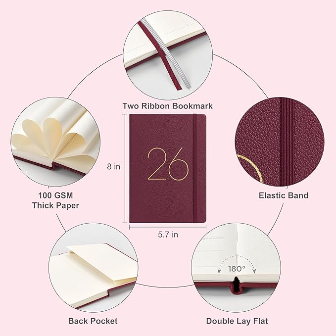 And Per Se 2026 Planner, 15 Months Hardcover Daily, Weekly & Monthly Planner, A5 size, 100GSM Thick Paper, Back Pocket, 5.7" x 8"(Dark Red)