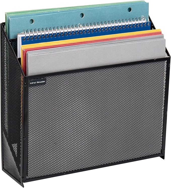 Mind Reader Vertical File Storage, Desktop Organizer, Wall Mount, Office, Metal Mesh, 12.5" L x 3.75" W x 11.5" H, Black (Pack of 4)