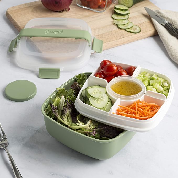 Goodful Stackable Lunch Box Container, Bento Style Food Storage with Removeable Compartments for Sandwich, Snacks, Toppings & Dressing, Leak-Proof and Made without BPA, 56-Ounce, Sage (Pack of 12)