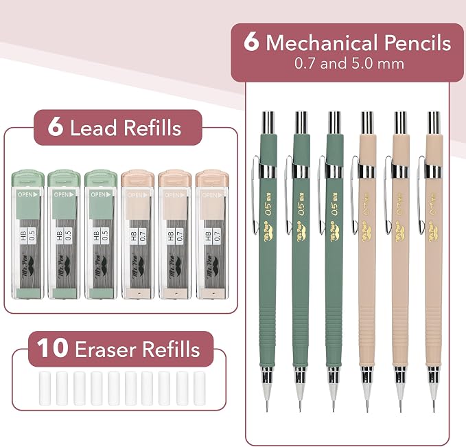 Mr. Pen- Mechanical Pencil Set with Lead and Eraser Refills, 6 Pack | 2 Sizes, 0.5 and 0.7mm, Sketching Pencils, Drafting Pencil, Drawing Mechanical Pencils
