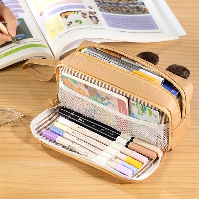 CICIMELON Cartoon Pencil Case, Large Capacity Pen Pouch with Embroidered Animal Design, School Supplies Bag for Kids, Teens, Students (Brown Capybara)