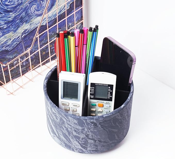 Round Leather Art Supply Organizer,Remote Control Holder,360 Degree Spinning,Multi-Functional Pencil Holder,4 Compartments Desktop Stationary Organizer(1-Hill Blue)