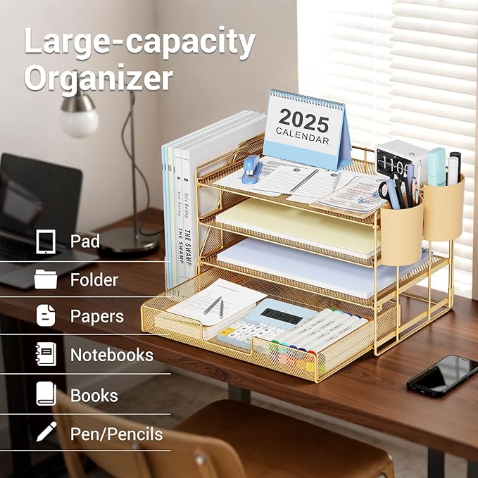 OPNICE Desk Organizers and Accessories, 4-Tier Desktop File Organizer with Drawer and 2 Pen Holders, Office Desk Accessories, Workspace Organizers for Office Supplies(Gold)