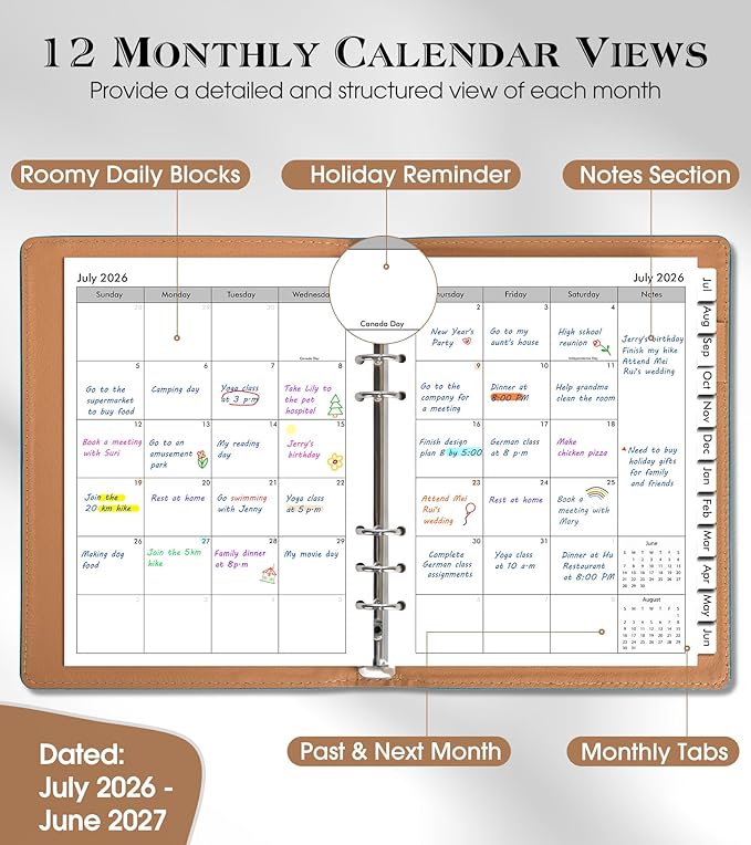 Planner 2026-2027, Academic Weekly and Monthly Calendar Planner from July 2026 - June 2027, Hardcover Leather Daily Agenda Book with Tabs, A5 College School Organizer for Student Teacher, Pacific Green