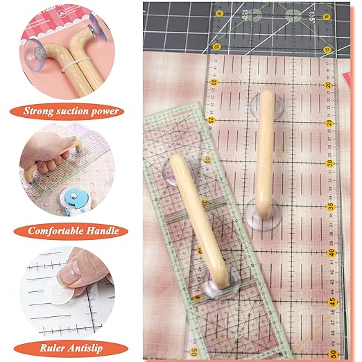 Quilting Ruler Grips, Wooden Handle with Strong Suction Cup Sewing Tools Handle for Quilting Patchwork Ruler Holder, Sewing, Cutting & Crafting Tools for Quilters