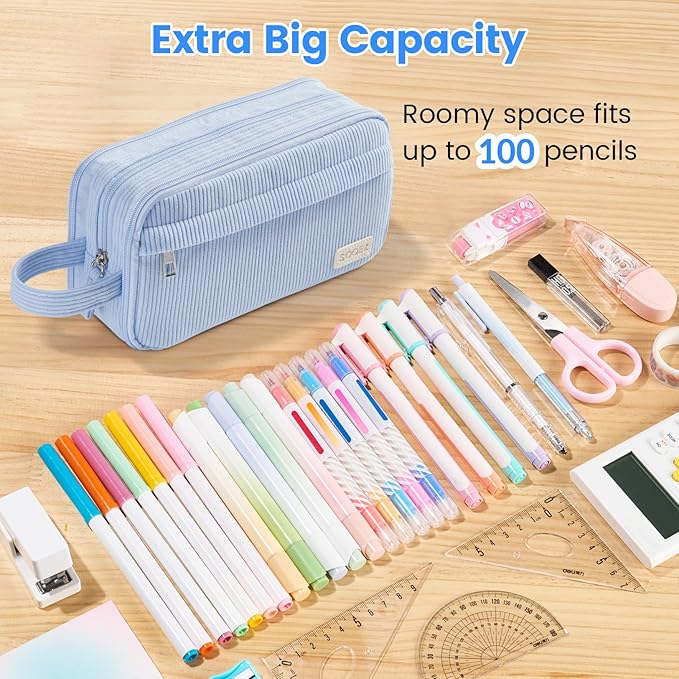 Sooez High Capacity Pencil Case, Soft Corduroy Pencil Pouch with 4 Compartments, Multiple Pockets, Large Pencil Bag with Sturdy Zipper, Cute Pencil Case Pouch Organizer for Student Teen Girls, Beige