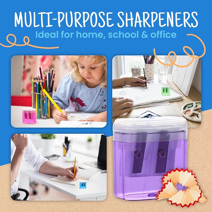 Craftzilla Pencil Sharpener 100 Pack, Manual Pencil Sharpeners Bulk, Handheld Dual Hole with Lid for Kids and Classroom, School Office Supplies