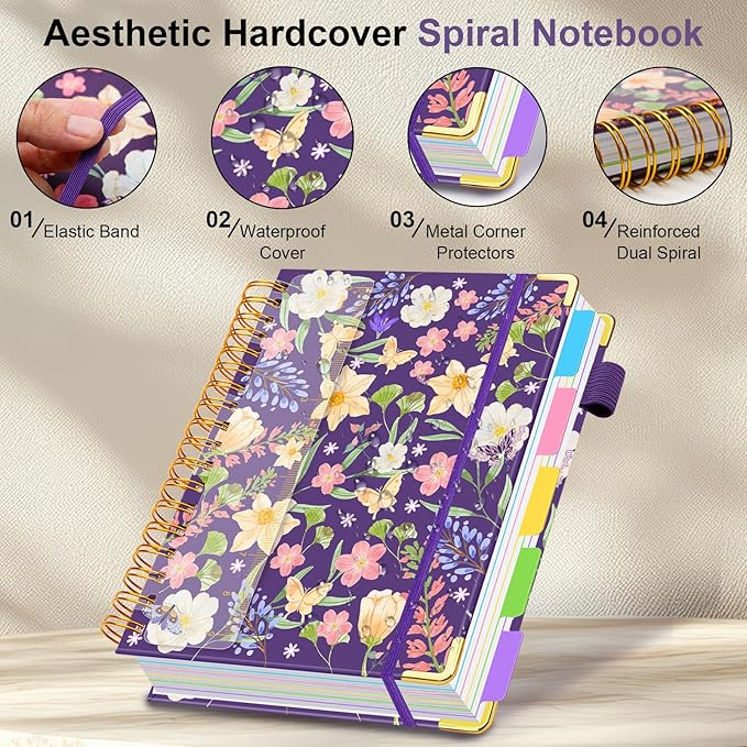 Spiral Journal Notebooks for Work, 300 Pages 5 Subject Notebook College Ruled with Dividers & Tabs, A5 Notebook Journal for Women Students Note-Taking and Organizer (Purple Floral)