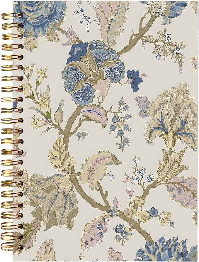 Vintage Blue Floral Spiral Notebook, Classic English Cottagecore Floral Journal, Pretty Flower Journal for Women, Traditional Botanical Flower Notebook 5.5x8.3 Inch-371