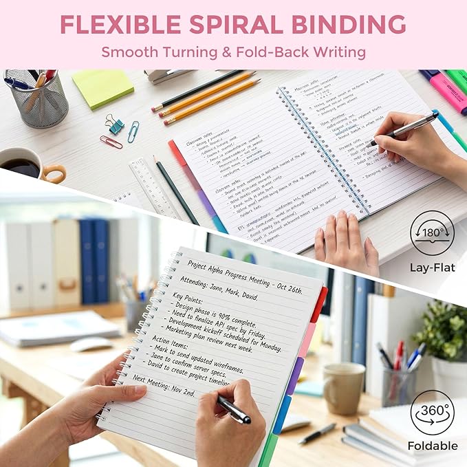 Subject Notebook Wide Ruled, 8.5x11inch Hardcover 5 Subject Lined Spiral Notebook with Dividers Tabs for School Women Journal Note Taking Office Supplies, 220 Pages, Pink
