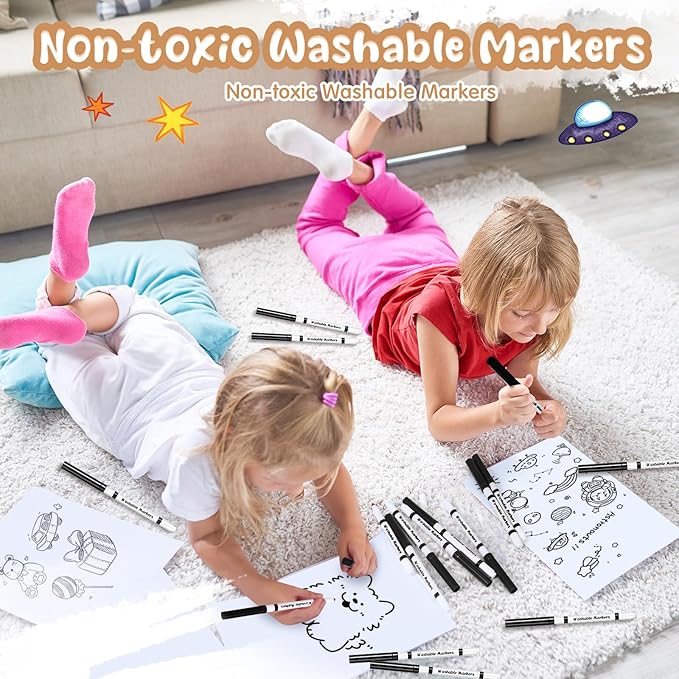 Fullhawl 18 Pcs Line Washable Markers Bulk Black Fine Tip Markers Set Coloring Thin Tip Drawing Washable Pen for Kids Art School Classroom Back to School Gender Reveal Party Supplies, Ages 6+