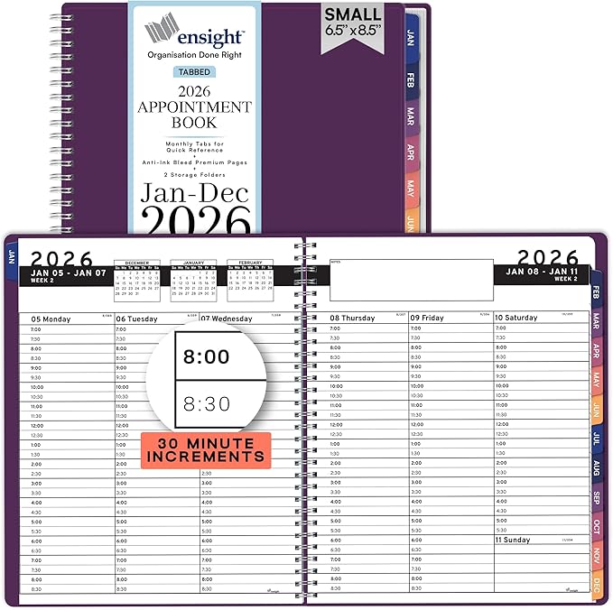 Ensight 2026 Appointment Book and Planner 6.5" x 8.5" Large Hourly Weekly Daily Schedule Book with Tabs, 30 Minute Time Slots, Purple Calendar Organizer Jan 2026–Dec 2026 Appointment Planner - Purple