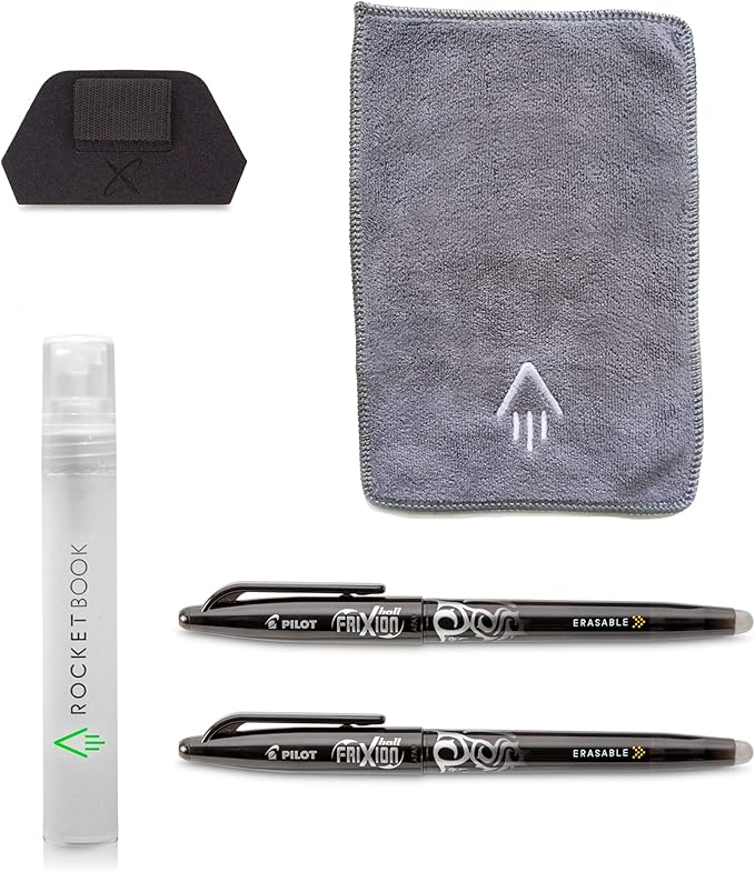 Rocketbook Core Reusable Smart Notebook | Innovative, Eco-Friendly, Digitally Connected Notebook & Smart Notebook Accessory Kit - 2 Black Capped FriXion Pens, 1 Spray Bottle