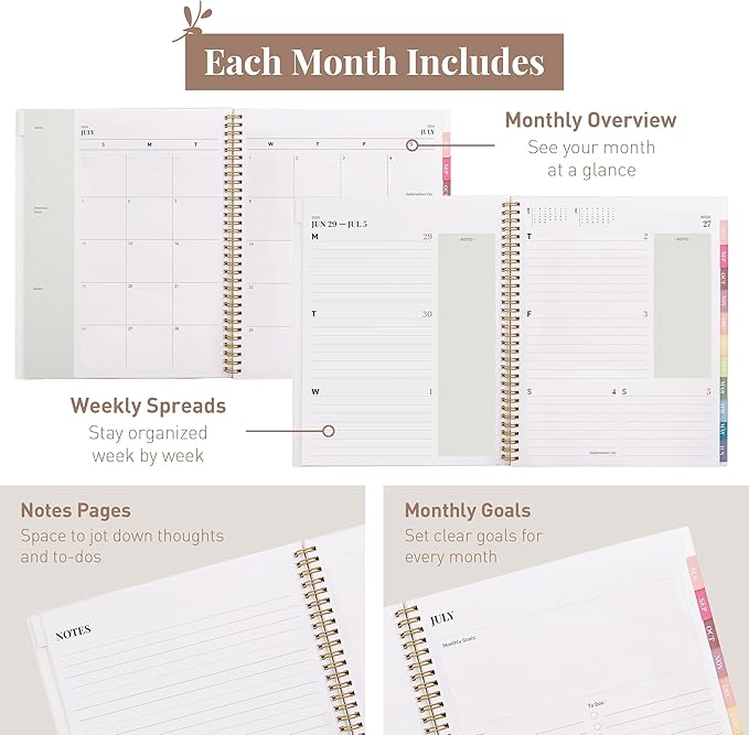Rileys Academic Planner 2026-2027, Daily, Weekly & Monthly Planner, July 2026 - June 2027, Student Notes Pages, Twin-Wire Binding, Weekly Agenda for School & Work (8.5 x 11-Inches, Green)