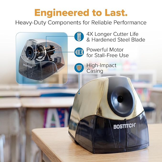 Bostitch Office Electric Pencil Sharpener for Classroom & Desk Use, Heavy-Duty Stall-Free Motor, High-Capacity Shavings Tray, Gold Chrome