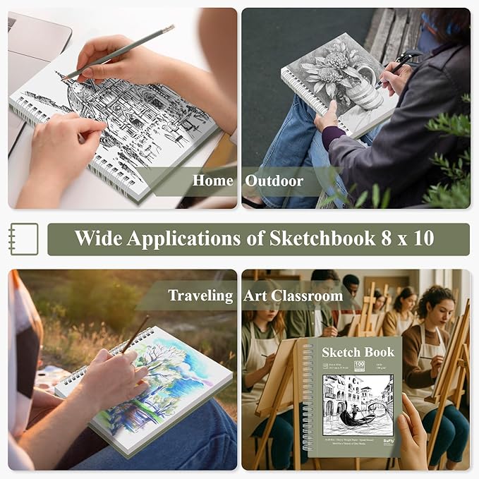SuFly Spiral Bound Sketchbook 8x10, 100 Sheets Hardcover Sketch Books, 68lb/100gsm Sketch Paper, Sketch Pads for Drawing for Adults, Sketchbook for Art Class & School.