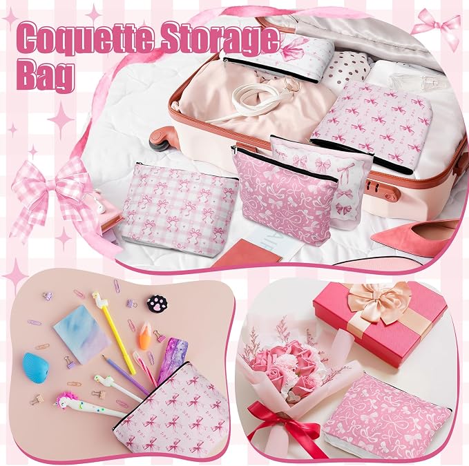 Reginary 12 Pcs Pink Bow Makeup Bags Coquette Bow Cosmetic Bags with Zippers Coquette Party Favors Pink Aesthetic Elegant Pouch Bulk Gifts for Women Mother's Day Birthday Supplies Travel Accessory