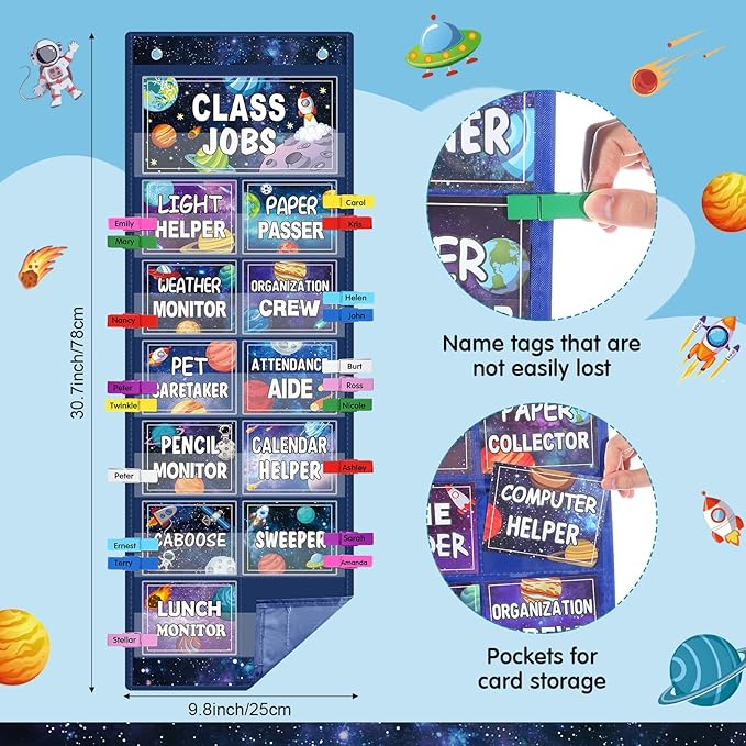 Blosssound Class Jobs Pocket Chart with 31 Cards 40 Colored Clips Classroom Teacher's Helper Management Educational Pocket Chart Bulletin Board Decorations Preschool Supplies(Outer Space)