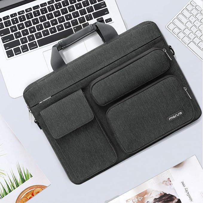 MOSISO Laptop Shoulder Bag 15.6 inch, 15-15.6 inch Computer Bag Compatible with MacBook Pro 16 inch, HP, Dell, Lenovo, Notebook with 2 Raised&1 Flapover&1 Horizontal Pocket&Handle&Belt, Charcoal Gray