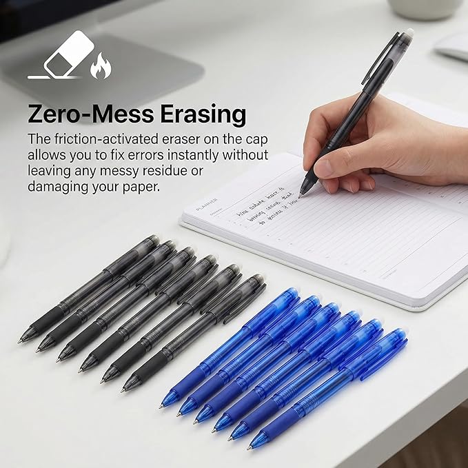 Volcanics 12 Pack Erasable Gel Pens, 0.7mm Capped Friction Pens for Note Taking and Crosswords, 6 Soft Black and 6 Blue Ink Pens with Soft Comfort Grip for Home and Office