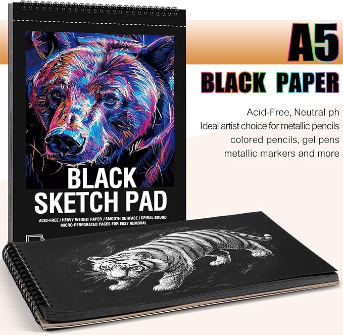 30 Sheets Black Paper Sketchbook, 98lb/160gsm Heavyweight Black Sketch Pad 5.5×8.5in, Acid-Free Drawing Paper, Spiral Bound Sketch Book for Kids, Teens, Artist