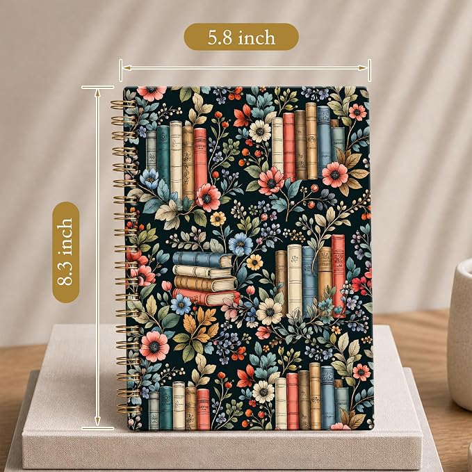ATJFKIXL Cute Spiral Journal Notebook, A5 120 Page College Ruled Wirebound Notebook, Soft Cover for Students Office Notes and Planning - Floral Bookshelf
