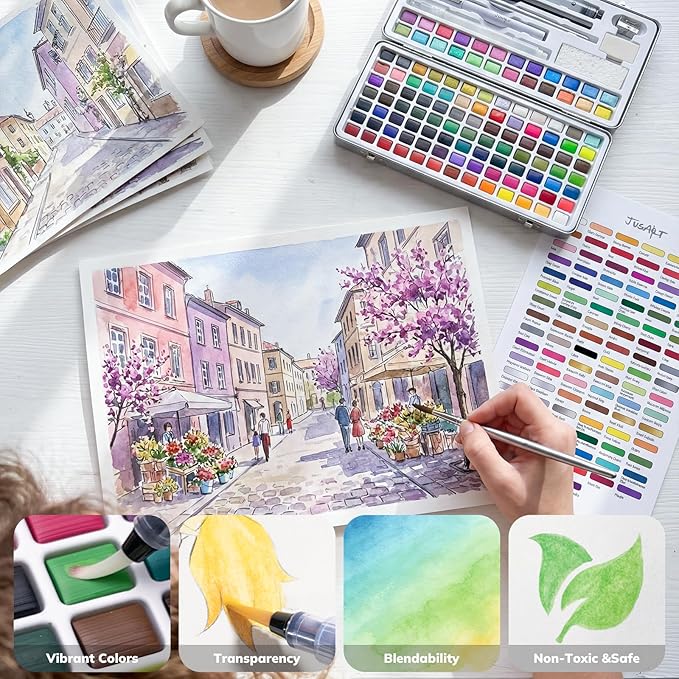 JusArt 108 Colors Watercolor Paint Set,Art Supplies with Metallic Color, Detail Painting Brushes, Water Brush Pens, Portable Travel Watercolor Painting Set for Adult, Artists, Professionals