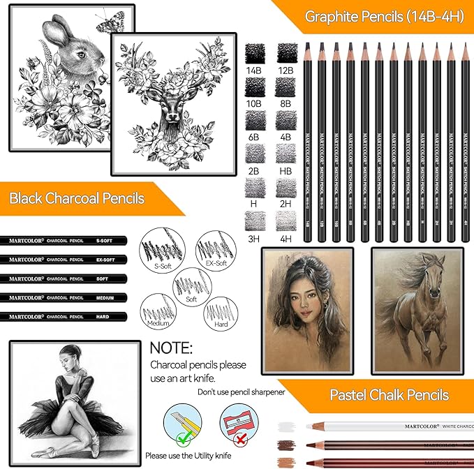 MARTCOLOR Drawing Sketching Pencils Set, 34 Pieces Pro Art Pencil Kit - Graphite Pencils (14B-4H), Charcoal Pencils, Charcoal Sticks, Artist Pencils for Beginners & Pro Artists