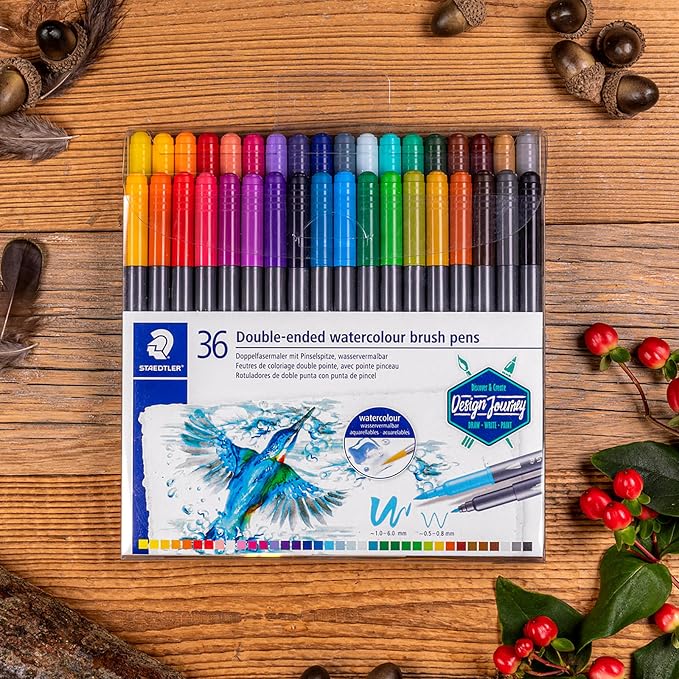 Staedtler Double-Ended Watercolour Brush Pens, Ideal for Fine Art Applications, Coloring, Calligraphy, Drawing, Set of 36, (3001 TB36)