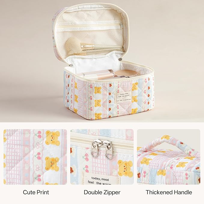 HBselect Quilted Makeup Bag, 3Pcs Cotton Large Travel Makeup Bags Organizer | Cute Floral Make up Bag Cosmetic Bag Toiletry Bag for Women Girls, Makeup Pouch for Skincare, Brushes & Travel Essentials