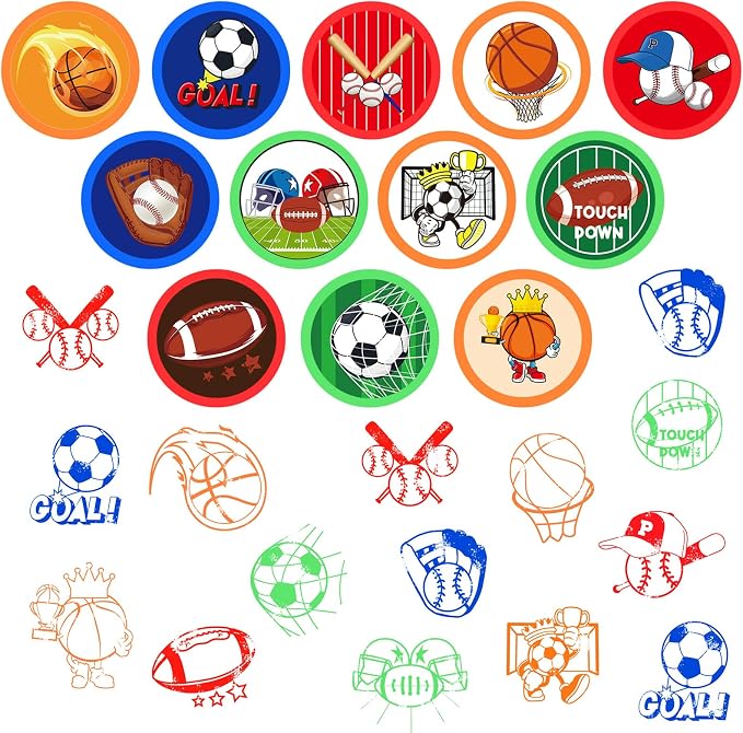 Cinrobiye 24 Pcs Sports Themed Stampers for Kids，Pre-Inked Football Basketball Baseball Soccer Stamps for Birthday Party Favors Classroom Rewards Goodie Bag Fillers Sports Party Supplies