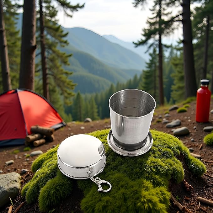 GANPUB 1Pc Silver Stainless Steel Folding Camping Mug Collapsible Portable Cup with Keychain for Outdoor Activities Hiking Picnic(Large), Camp Kitchen