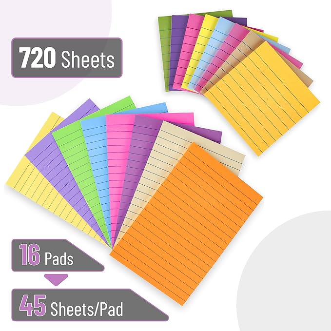 Mr. Pen- Lined Sticky Notes Set, 16 Pads, 4"x6" & 3"x3", 720 Sheets, Sticky Notes with Lines, Ruled Post Stickies, Memo Pads, Self-Stick Note Pad for Office, School, Home, Study & Organization