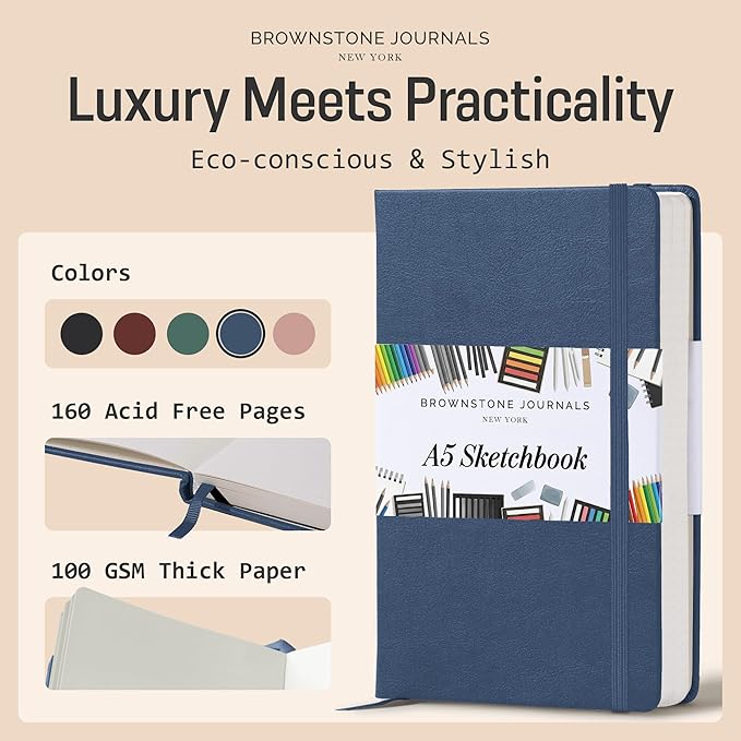 BROWNSTONE JOURNALS A5 Sketch Book Hardcover - 80 Sheets 100 GSM Paper 5"x8", Lay Flat, Vegan Leather Cover, Elastic Band, Back Pocket, Art Drawing Book (Symphony Blue)