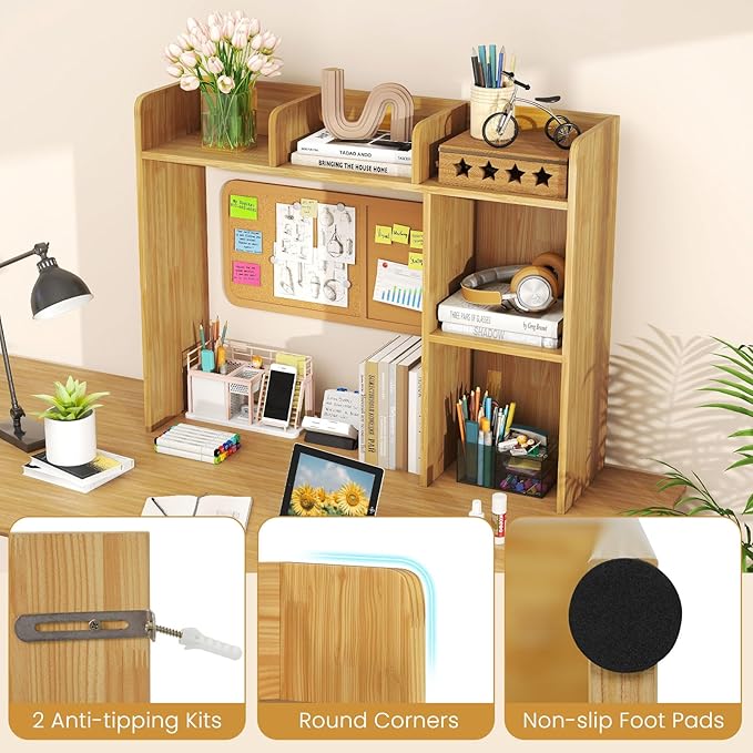 Giantex Desktop Bookshelf, Wood Desk Hutch Organizer for 27 Inch Computer Monitor, Countertop Storage Display Rack with 5 Shelves, Multipurpose Desktop Shelf Bookcase for Dorm Office Home (Burlywood)