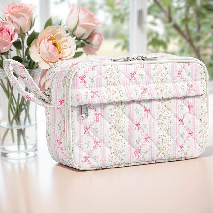 WOBAGMEN Quilted Pencil Pouch for Girls Women, Large Pencil Case Pouch with Compartments Cute Aesthetic Pencil Case Organizer, Floral Pencil Bag for School Supplies (Bow Floral Stripes)