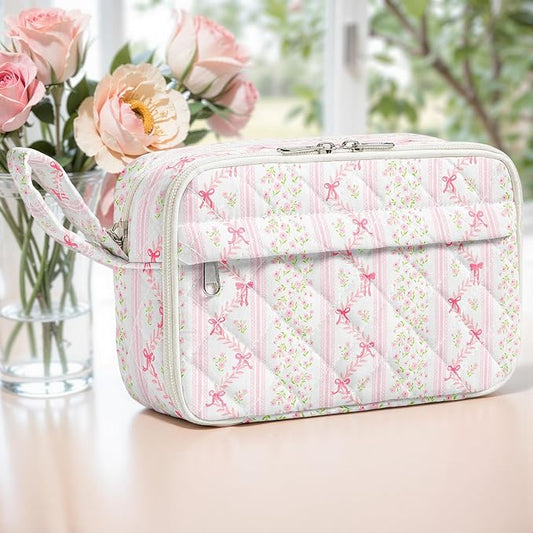 WOBAGMEN Quilted Pencil Pouch for Girls Women, Large Pencil Case Pouch with Compartments Cute Aesthetic Pencil Case Organizer, Floral Pencil Bag for School Supplies (Bow Floral Stripes)