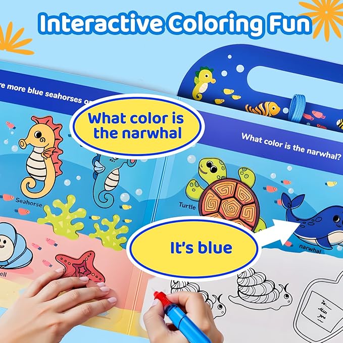 JoyCat Ocean Water Coloring Book for Toddlers 3-5, Reusable No-Mess Water Painting Book with Water Pen, 13 Activity Pages, Travel Toy Gift for Boys & Girls