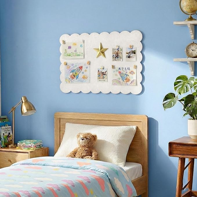 Scalloped Bulletin Board, 36x24 Scalloped Felt Bulletin Board, 3' by 2' Trifold Foldable Picture Display with 20 Pins & 5 Cute Decors - Beige