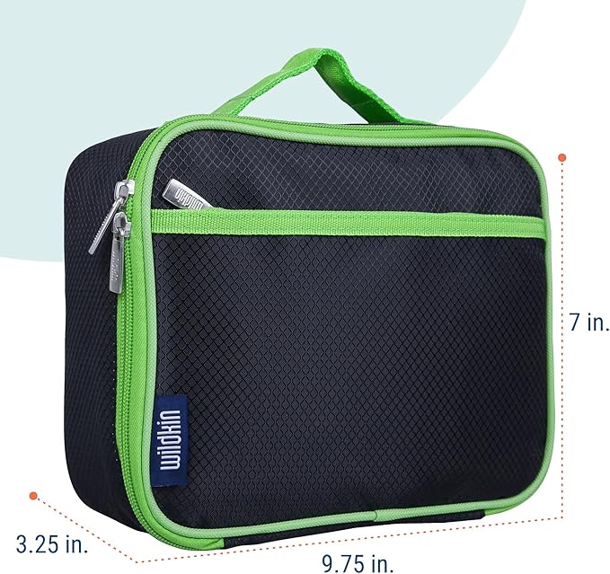 Wildkin Kids Insulated Lunch Box, Keeps Food Hot or Cold, BPA-Free with Mesh Pockets & Easy-Clean Lining – Ideal for School, Travel & Daycare – Rip-Stop Black/Green