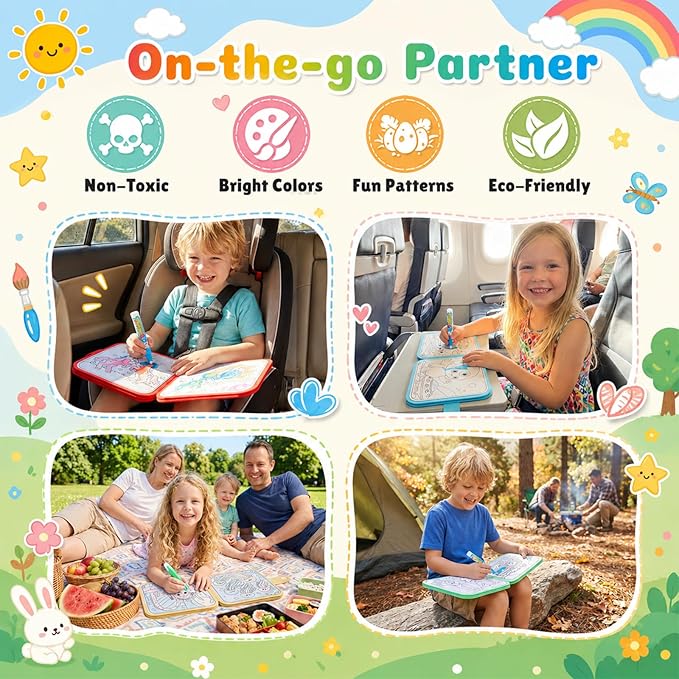 QANIY Reusable Water Painting Book, 4 Pack Magic Water Coloring Books with 4 Water Pens for Toddlers，Mess-Free Coloring Book with 4 Different themes,Travel Activity Toys, Gift for Boys & Girls Ages 3+
