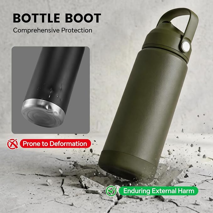 Fijinhom 18 oz Insulated Water Bottle with Straw Lid, Stainless Steel Water Bottles, Double Wall Vacuum, Portable Handle & Non-slip Bottom, BPA Free Leak Proof Metal Bottles (Black+Green, 2pack)