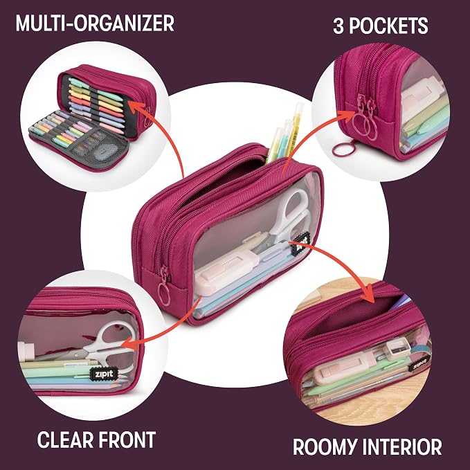 ZIPIT Half & Half Pencil Case for Girls, 3-Compartment Zipper Pouch | Clear-front pencil case for school, dedicated organizer panels, holds up to 70 pens & pencils, durable easy-care polyester